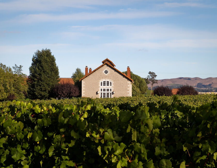 Stone winery building at Etude Wines, nestled amongst vineyards and rolling hills.