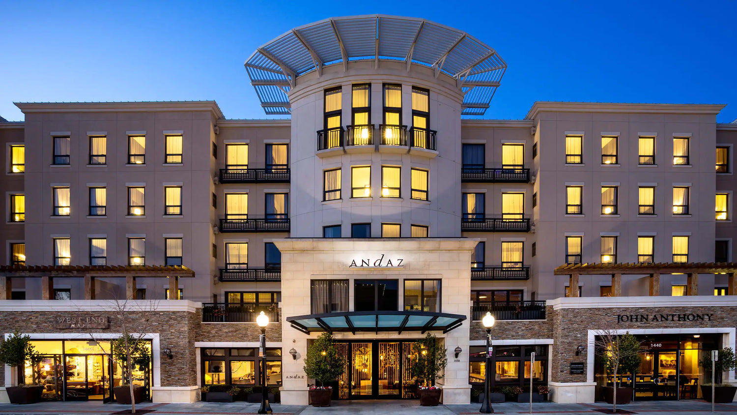 Andaz Napa hotel at dusk, featuring exterior and entrance