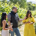 Three people enjoying wine tasting in a vineyard.