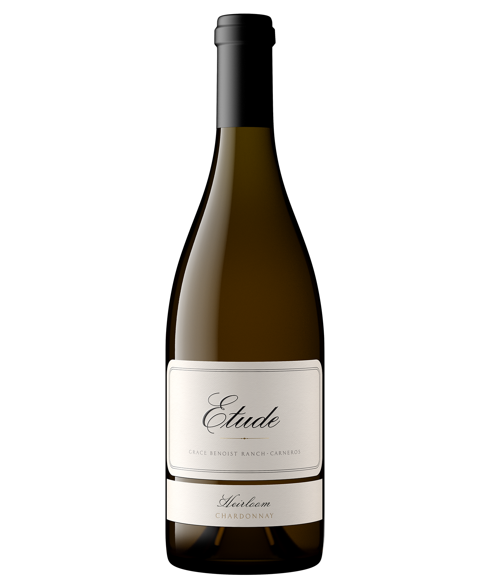 A bottle of Heirloom Chardonnay from Etude's Carneros estate vineyard, Grace Benoist Ranch 