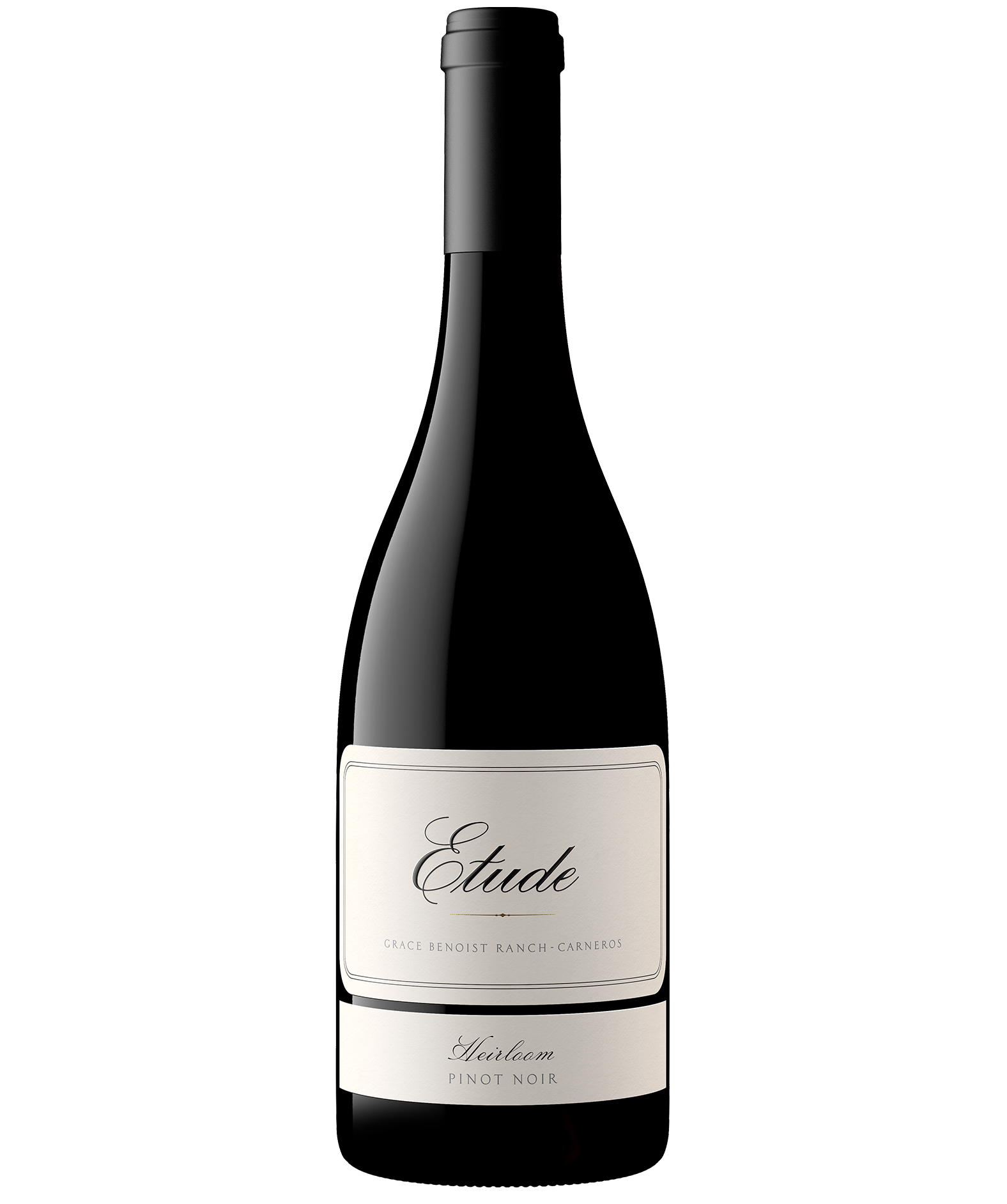 A bottle of Heirloom Pinot Noir from Etude's Carneros estate vineyard, Grace Benoist Ranch 