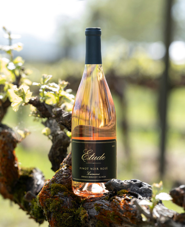 Etude Pinot Noir Rose wine bottle on a mossy vineyard branch.
