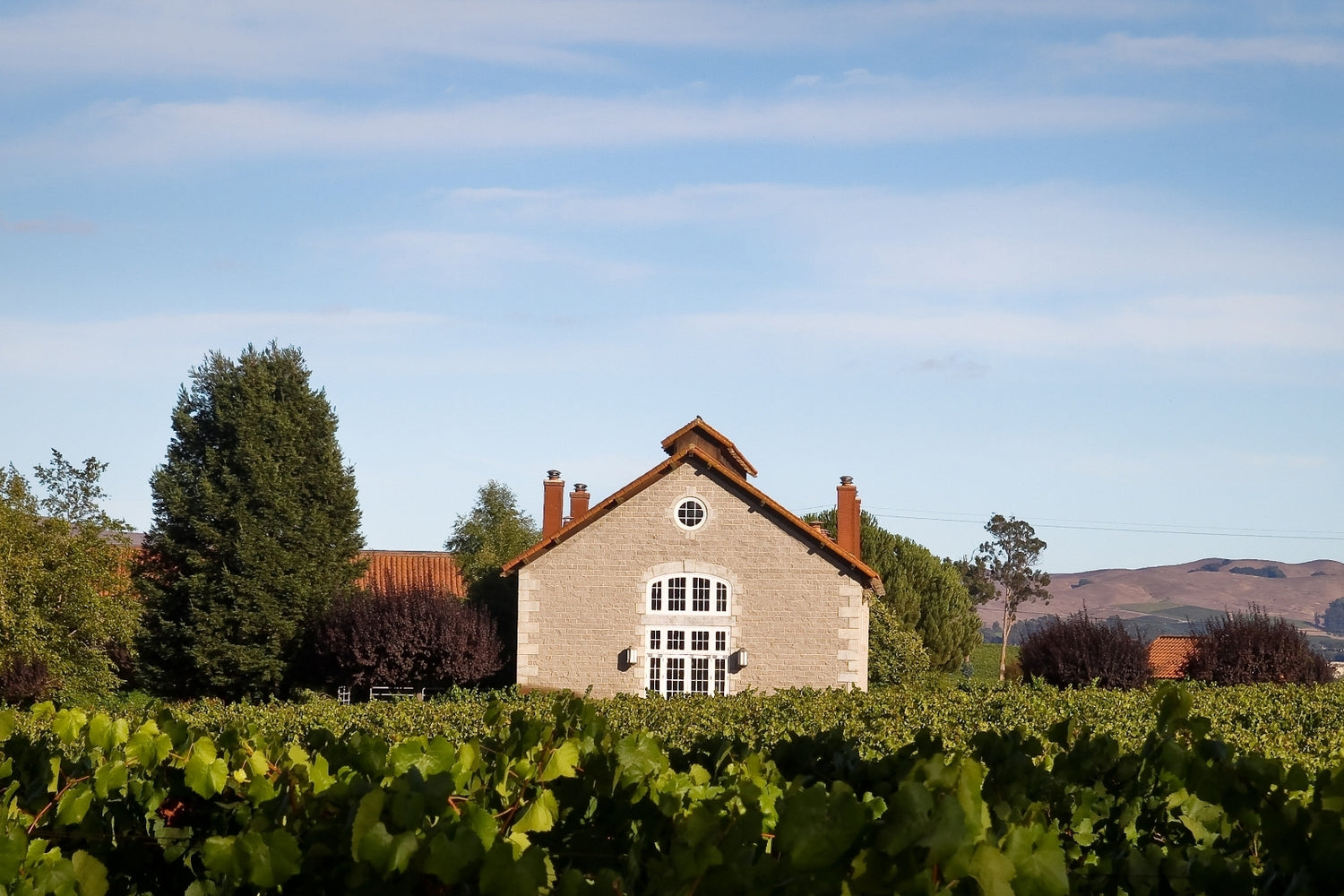 Stone winery building at Etude Wines, nestled amongst vineyards and rolling hills.
