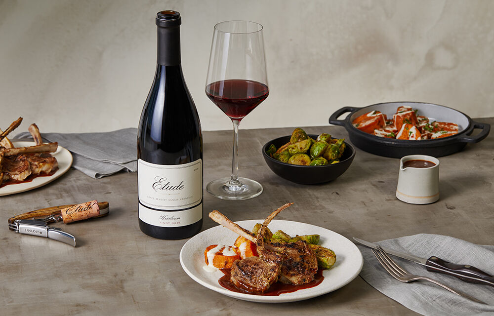 Herb-Marinated Lamb Chops with Bordelaise Sauce, Roasted Yams, and Pesto Brussels Sprouts