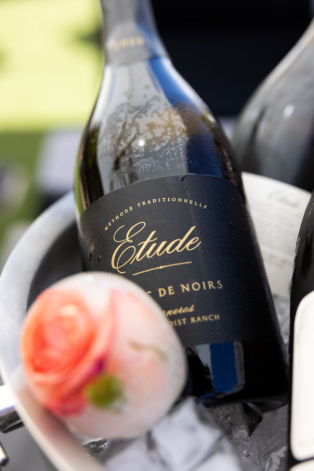 Chilled Etude Blanc de Noirs sparkling wine in an ice bucket.