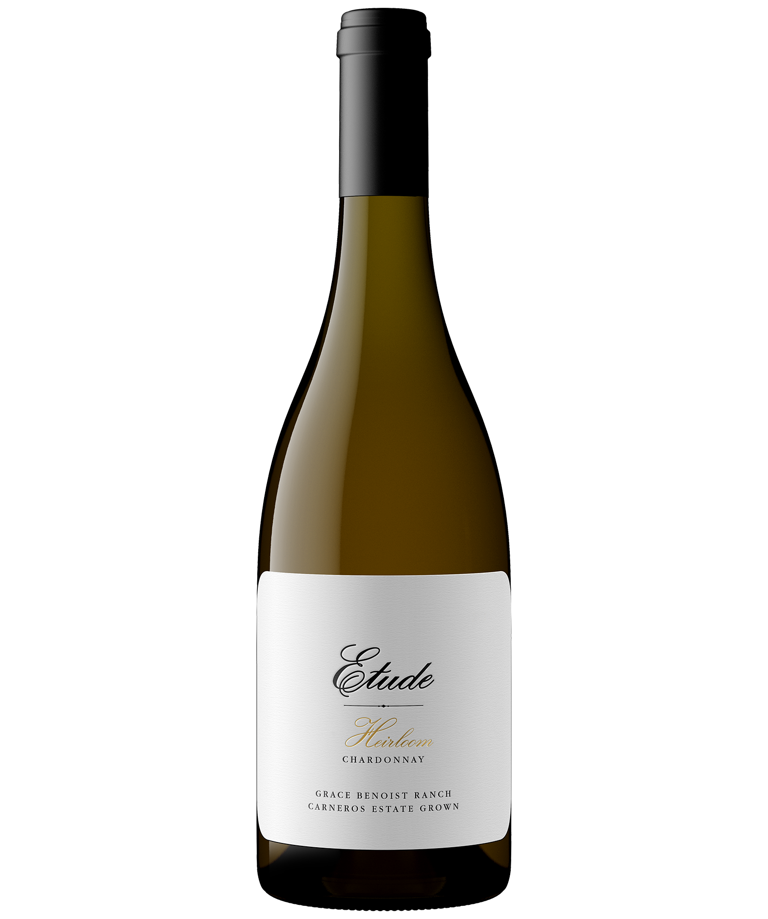 A bottle of Heirloom Chardonnay from Etude's Carneros estate vineyard, Grace Benoist Ranch 