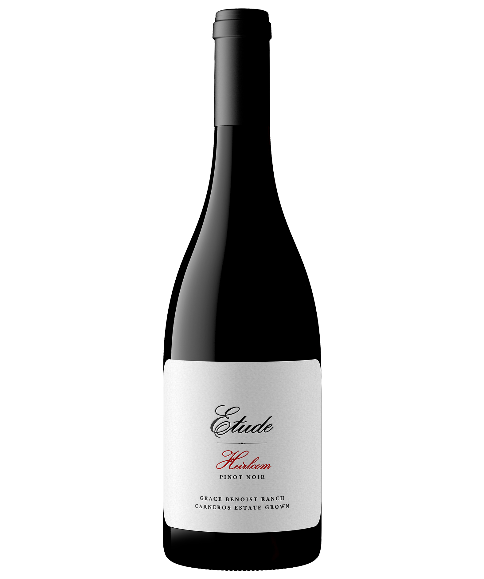 A bottle of Heirloom Pinot Noir from Etude's Carneros estate vineyard, Grace Benoist Ranch 
