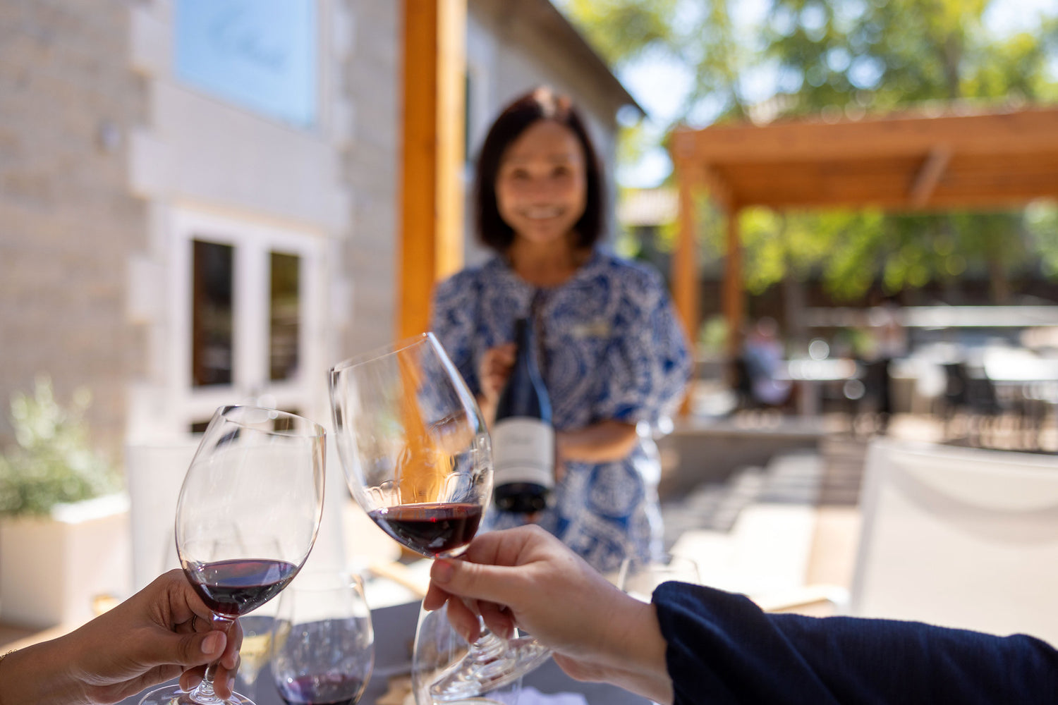 Two people clinking wine glasses outdoors, with a woman presenting a bottle of Etude wine for tasting in the background. 