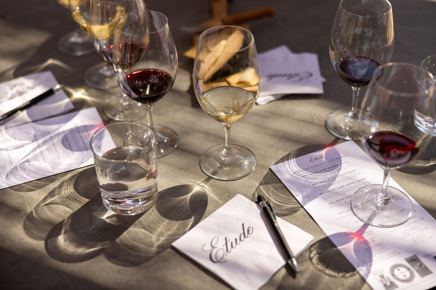 Wine tasting: glasses of Chardonnay, Pinot Noir, and water with tasting notes.