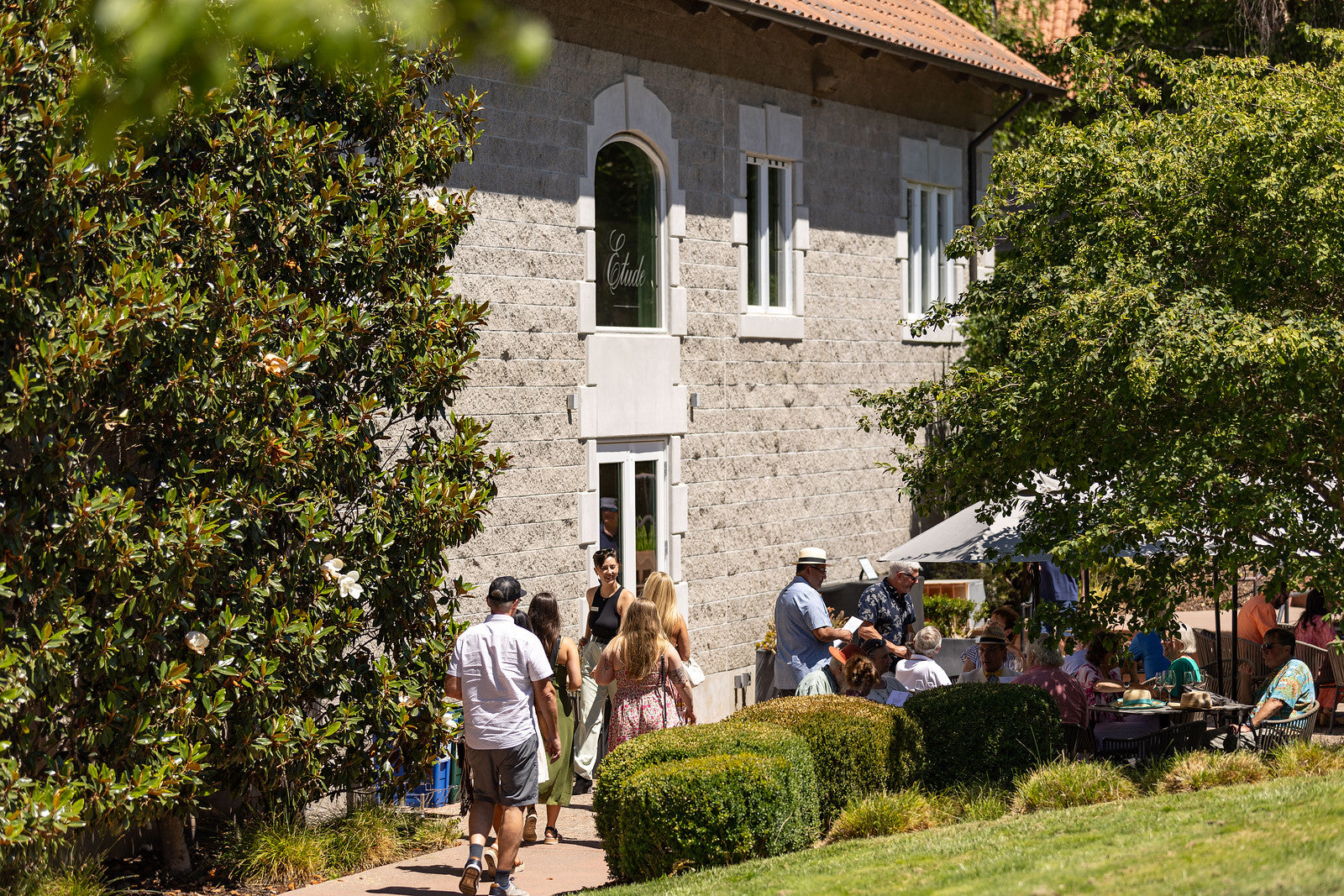 Guests enjoying wine tasting at Etude winery, seated at outdoor tables under umbrellas.